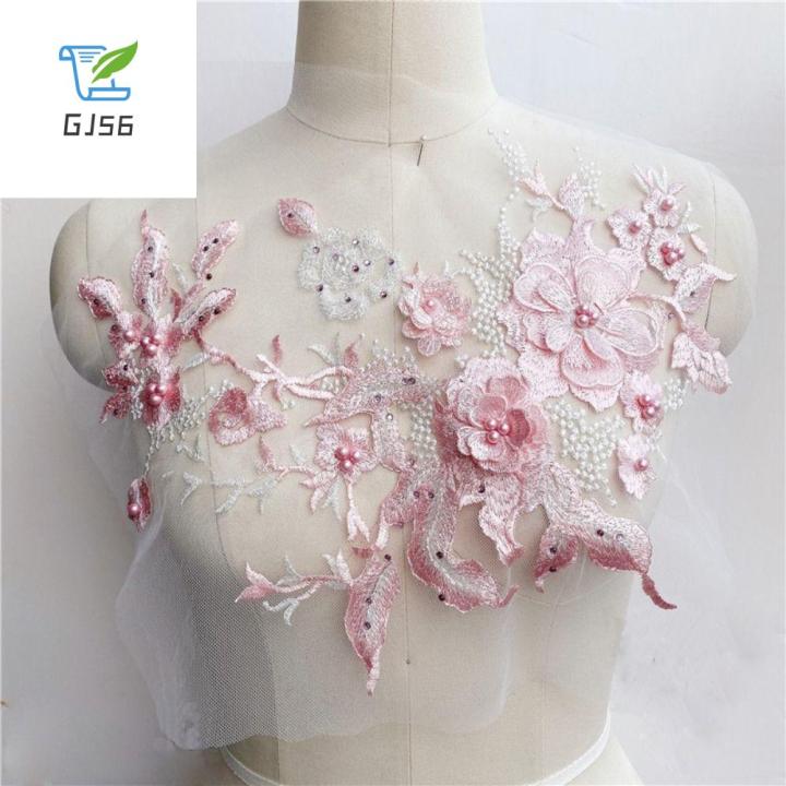 แผ่นปะผ้าลูกไม้ปักเลื่อมชุดเจ้าสาวงานแต่งงานสำหรับงานเย็บปักลายดอกไม้ด้วยลูกปัดแบบทำ-gj56-ตัวรีดติดเสื้อแบบทำมือ