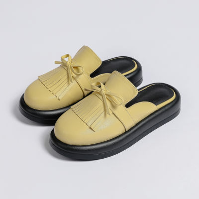 SZHYDZ Baotou รองเท้าเปิดส้นของผู้หญิงสินค้าใหม่2023โบว์พู่โบว์ส้นแบนรองเท้าขนาดใหญ่รองเท้า Muller