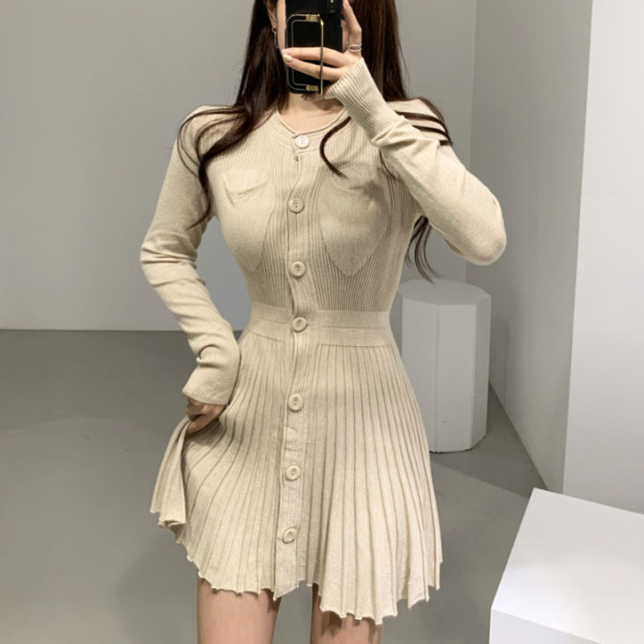 korean-casual-single-breasted-knitting-mini-dress-women-autumn-winter-buttons-knitted-sweater-dress-pleated-robe-femme-vestidos