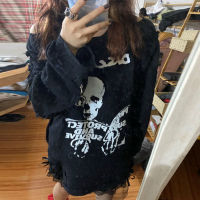 QWEEK Gothic Punk Skull Print Women T Shirt Emo Goth White Off Shoulder Long Sleeve T-shirt Streetwear Black Irregular Dark Tops