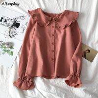 ❉■❁ Shirts Womens Solid Peter Pan Collar Kawaii Sweet Girls Kroean Style Flare Sleeve Simple Femme Blouses Daily Leisure High Street