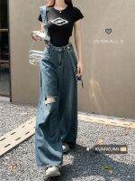 Uniqlo New Fashion version Design niche overalls for women in summer ripped jeans loose wide-leg pants floor-length pants high-waisted straight pants