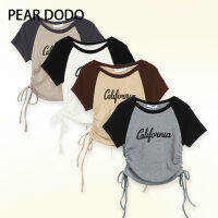 PEAR DODO เสื้อแขนสั้นมีสายรูดผ้าแจ็คการ์ดตัวอักษร Raglan แบบมินิมอลสำหรับผู้หญิงฉบับภาษาเกาหลี