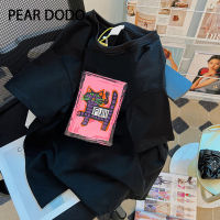 PEAR DODO เสื้อยืดแขนสั้นสำหรับผู้หญิงเสื้อยืดพิมพ์คอกลมสีดำวินเทจเกาหลี