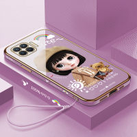 (คลังสินค้าพร้อม) เคสเคสมือถือสำหรับ OPPO A93 2020 /OPPO Reno 4F พร้อมฟรีสายคล้อง + สาวน่ารักการ์ตูนขอบสี่เหลี่ยมชุบเคลือบฝาหลังนิ่ม