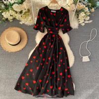 Short Sleeve Casual Dress Women Korean Polka Dot Printed V neck High Waist Midi Dresses