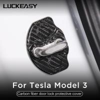 LUCKEASY Car Carbon Fiber Door Lock Cover For Tesla Model 3 2017-2023 True Carbon Fiber Door Lock Protective Cover Model3 2021