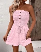 Bandeau Frill Hem Drawstring Textured Romper Playsuit เสื้อผ้าสตรีฤดูร้อน Solid Bandage Lace Up Tierred Button