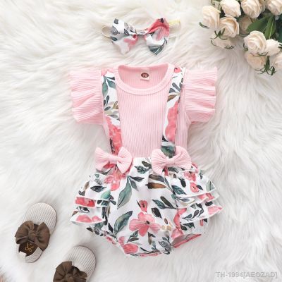 ↂ❃◎ Bebê recém-nascido menina roupas conjunto flroal manga curta macacão flor infantis macacão criança 3pcs roupa verão