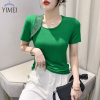 YIMEI เสื้อยืดผู้หญิงประดับเพชรร้อนแรงไม่เหมือนใคร,ใหม่สำหรับฤดูร้อน2023เสื้อยืดคอกลมสีแขนสั้นแข็งเสื้อคอตตอนเข้ารูปพอดีและอเนกประสงค์สำหรับผู้หญิง