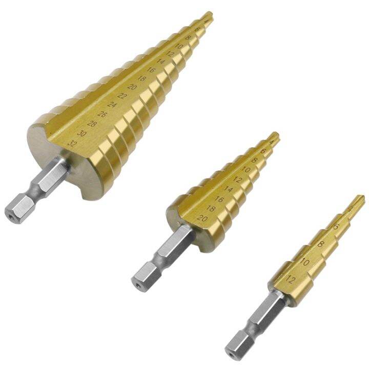 hss-step-drill-titanium-coating-4-12mm-4-22mm-4-32mm-taper-hole-cutter-1-4-hex-handle-triangle-handle-bit-for-metal-wood-drills-drivers