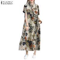 COD DSTGRTYTRUYUY ZANZEA Women Summer Floral A Line Short Sleeve Collared Maxi Shirt Dress