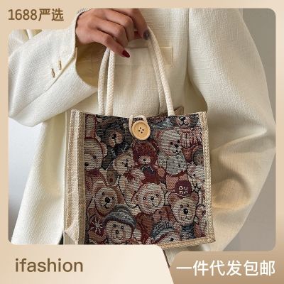 Spot Linen Hand Bag Wholesale Sack Students Carry Out Lunch Box Bag Cute Cartoon Canvas Crossbody Bag