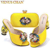 2022 Yellow Color Luxury Rhinestone Heel Fashion Party Womens High Heels Elegant Evening Sandals Wedding Bags and Shoes with