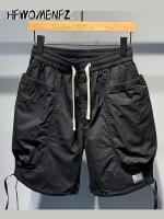 Summer Mens Sports Cargo Button Bottom Solid Pockage Drawstring Wide Leg Short Trousers For Male Ins Fashion Shorts Men Clothes