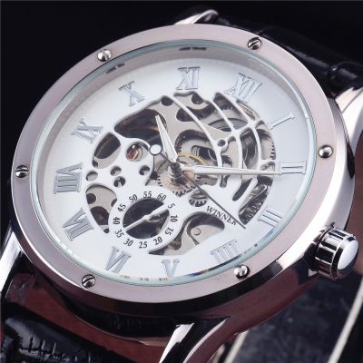 New Winner Watch Fashion Casual Retro Vintage Leather Strap Male Military Mechanical Watches Roman Dial Skeleton Wristwatch Men