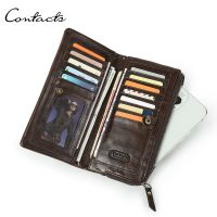 ZZOOI CONTACTS Genuine Leather Wallets For Men Bifold Long Clutch Wallet Phone Pocket Zipper Coin Purse Card Holder Male Money Clip
