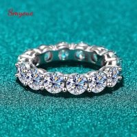 แหวนเพชรโมอิสขนาด5มม. 7ct Smyoue สำหรับผู้หญิงผู้ชายสายรัดกลมเป็นประกายสำหรับงานแต่งงานสีเงิน