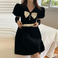 KUSAHIKI Korea Chic Sweet Chirstmas V-neck Patchwork Hit Color Bowknot Dresses 2022 Spring New High Waist Puff Sleeve Dresses