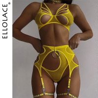 《Be love shop》Ellolace Conjunto de Lencería Erótica Ropa Interior de Lujo Prenda Íntima Sensual Sujetador Recortado Ligas Tanga de Encaje Exótico 4 Piezas