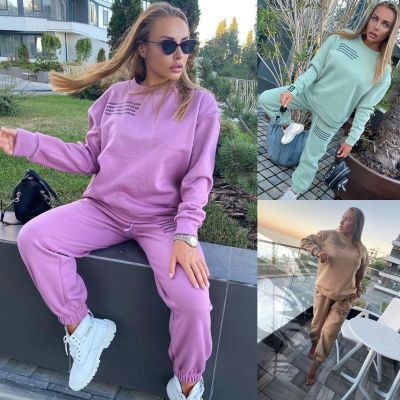 2021 Spring Hoodies Two Piece Set Women Long Sleeve Solid Casual Pullover Suit Elastic Sports Pants Female Tracksuit Sportswear