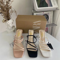 【ready stock】NewZARA-Summer line strap Roman womens shoes, wine glasses and fashion casual high heel, square toe, thin strap sandals women