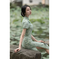 ปรับปรุง Cheongsam ใหม่ของผู้หญิงในช่วงฤดูร้อนสีเขียวเด็กสาวที่สง่างามจีน A สไตล์ย้อนยุคยาวพรรคชุดประจำวัน