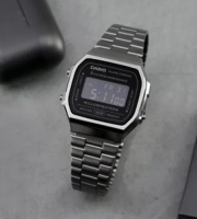 Win Watch shop นาฬิกา Casio รุ่น A168WGG-1B นาฬิกาสไตล์วินเทจ สายแสตนสีดำ หน้าปัดดำ - ของแท้ 100% รับประกันสินค้า 1 ปีเต็ม