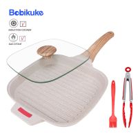 BOBIKUKE Steak Frying Pan Non-Sticky Griddle Steak Pan With Glass Lid Meats Fish Breakfast Pans Induction Gas Universal