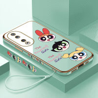 เคสสำหรับ Honor เคสโทรศัพท์90 5G 90 Lite 5G ฟรีสายคล้องการ์ตูนผู้หญิงฟองดอกบัตเตอร์คัพลวดลายขอบสี่เหลี่ยมปลอกชุบเคสโทรศัพท์หรูหราชุบเคสโทรศัพท์นิ่ม