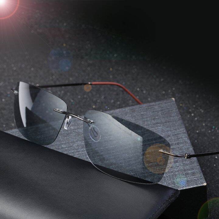 ultra-light-hingeless-rimless-titanium-polarized-photochromatic-sunglasses-outdoor-driving-black-gray-transition-chameleon-lens
