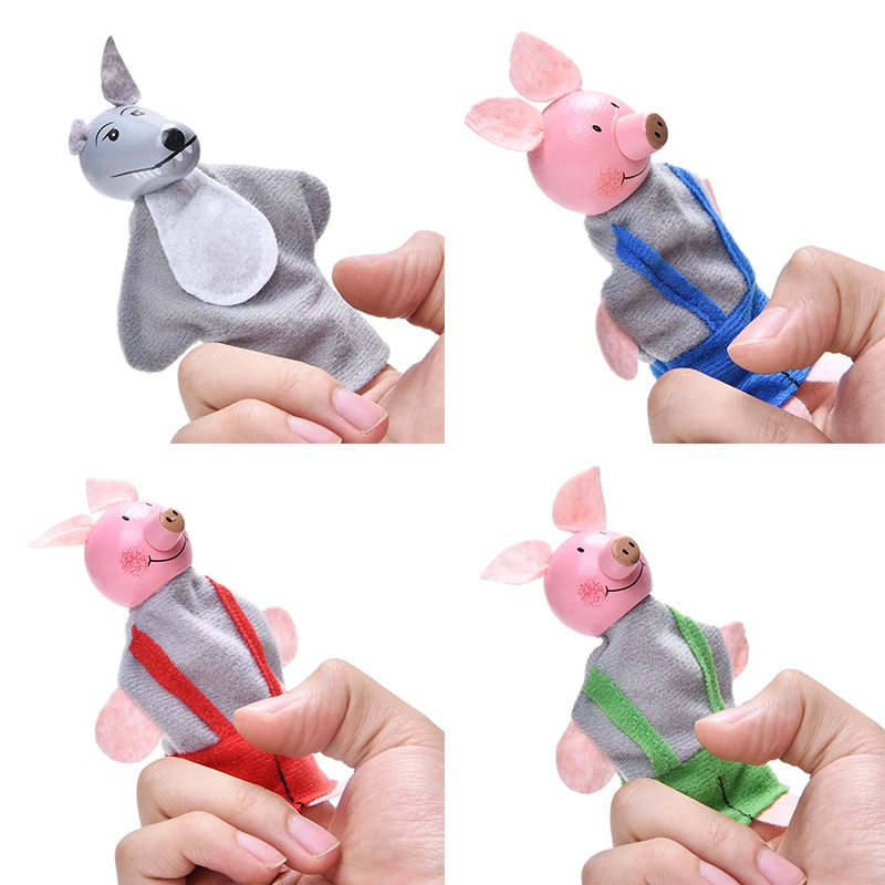 4 Pcs/set Three Little Pigs Finger Puppets Wooden Headed Baby Educational ToyPDH 