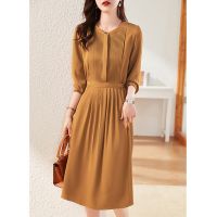 Elegant O-Neck Spliced Loose Bandage Bow Folds Midi Dress Women Clothing 2023 Autumn New Long Sleeve Solid Color Casual Dresses