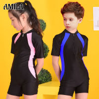 AMILA ชุดว่ายน้ำแบบวันพีชของเด็ก,ชุดว่ายน้ำแขนสั้นแนวสปอร์ตกลางและขนาดใหญ่กันแดดสำหรับเด็กชายและเด็กหญิง