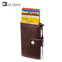 【CC】 BISI GORO Leather Purse Hasp Design Card Holder Wallet Men Metal Blocking Aluminum