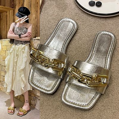 Hot sell Womens Slippers 2023 Summer Transparent Chain Luxury Square Head Flat Heel Female plus size outdoor beach women slides Sandals