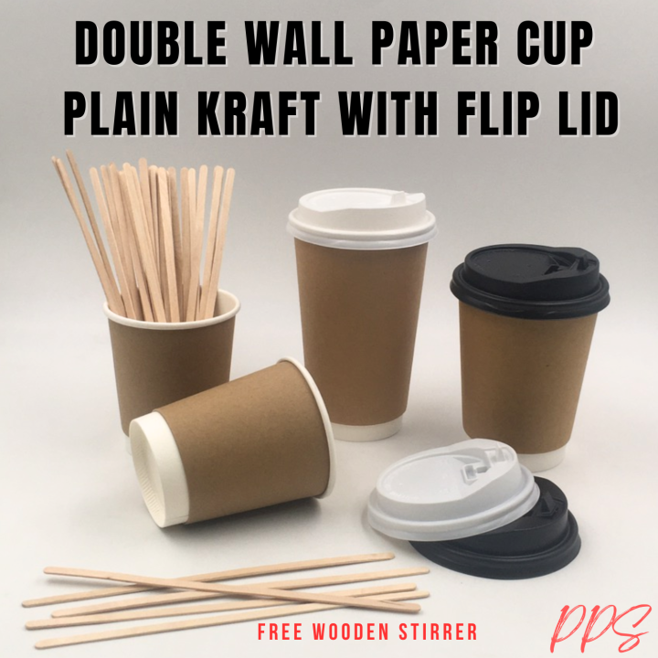 Double Wall Paper Cup Plain Kraft With White Flip Lid free stirrer ...