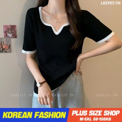 Plus size เสื้อผ้าสาวอวบ❤ เสื้อยืดสาวอวบอ้วน ไซส์ใหญ่ ผู้หญิง เสื้อไหมพรม ทรงหลวม แขนสั้น คอวี สีดำ ฤดูร้อน สไตล์เกาหลีแฟชั่น V728