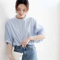 COD DSFERTRETRE Japanese Niche Blouse Womens All-match Top Blue Striped Stand-up Collar Bat Sleeve Shirt