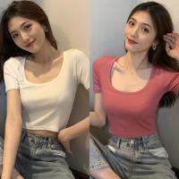 Women Square Collar Casual Slim Expose Navel Short Sleeve T-Shirt