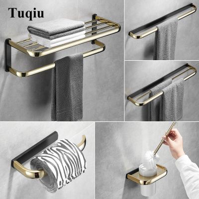 ✆◊ Tuqiu Bathroom Accessories Gold Black Bathroom ShelfTowel RackTowel Hanger Paper holderToilet Brush Holder Bath Hardware