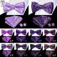 Hi-Tie สีม่วง Lilac Lavender Violet Silk Mens Bow Tie Hanky Cuffs ชุด Pre-Tied Butterfly Knot Bowtie สำหรับชายงานแต่งงานธุรกิจ