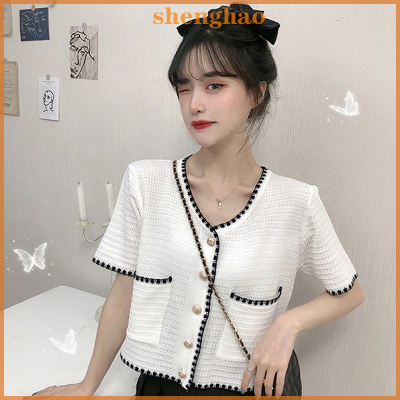 shenghao เสื้อคาร์ดิแกนคอวีแขนสั้นผ้าไอซ์ซิลค์ถักสำหรับผู้หญิง