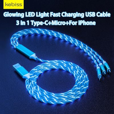 3 in 1 Fast Charging Glowing LED Light Micro USB Type C Cable For Samsung Xiaomi Redmi POCO OPPO Honor Phone Charger USB Cables Wall Chargers