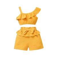 Girls Casual Two-piece Clothes Set, Solid Color Off-the-shoulder Sleeveless Tops and Shorts, Ginger/ Pink/ Blue  by Hs2023