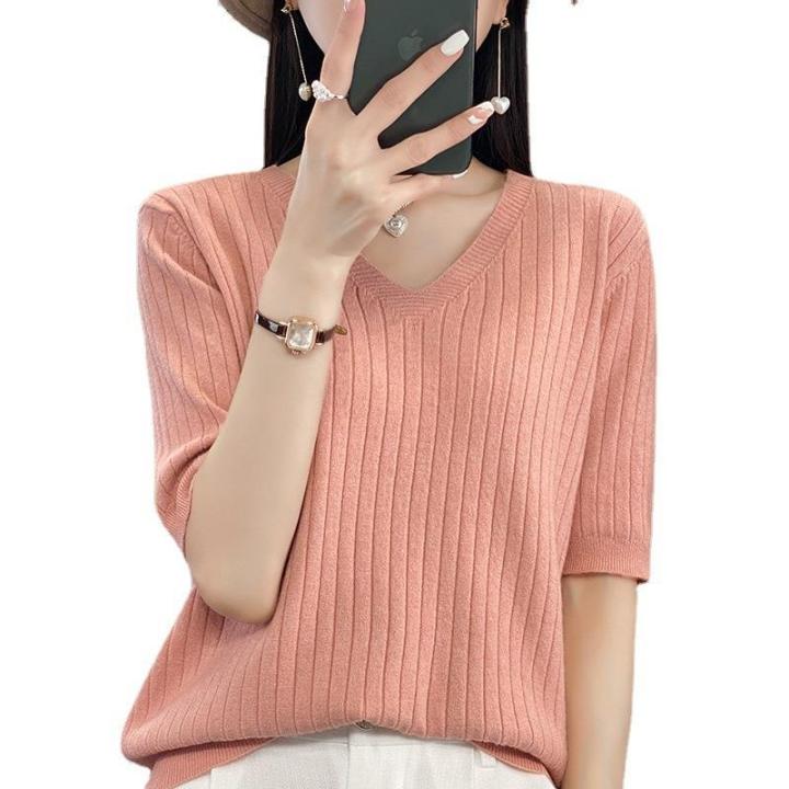 2023-summer-new-simple-v-neck-knitted-short-sleeved-womens-slim-fit-slim-fit-all-match-drawdown-t-shirt-solid-color-knitted-sweater-2023