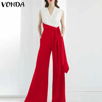 (จัดส่งฟรี)Fancystyle VONDA ลำลองธุรกิจของผู้หญิงคอวีเสื้อแขนกุดสง่างามจัมพ์สูทเอวทรงสูงขากว้าง