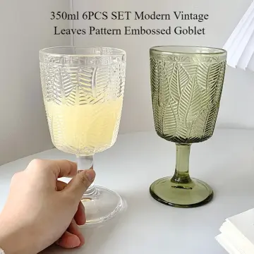 Red Wine Glass Set of 2 350 ml Orange Pink Goblet Retro Embossed