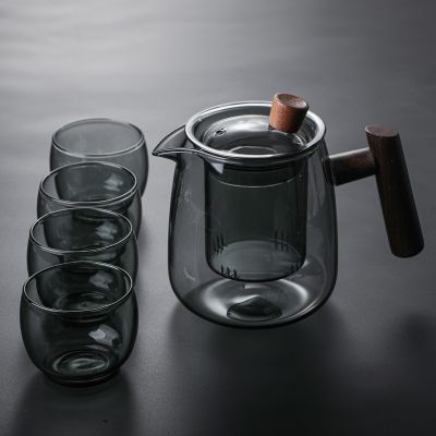 Japanese style glass teapot High temperature resistance built-in filter kung fu tea set suit- Clear-Smoke grey thickened glass