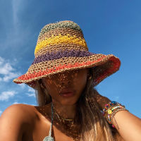 2022 Summer New Rainbow Crochet Womens Casual Fashion Fisherman Hat Seaside Beach Travel Sunscreen BOHO Hollow Sun Straw Hat